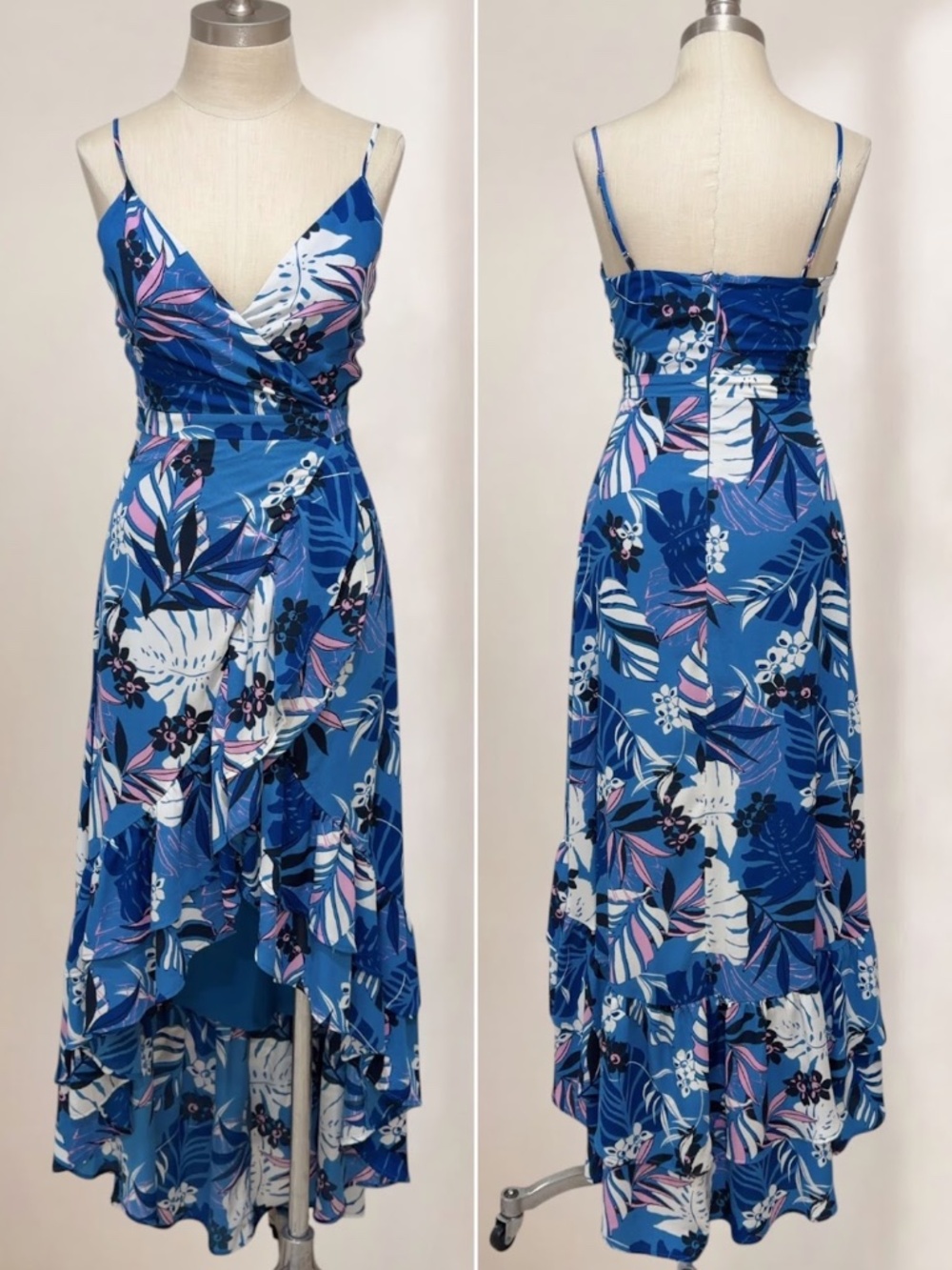 Lulus Vacation Days Blue Tropical Print High-Low Dress Size XS